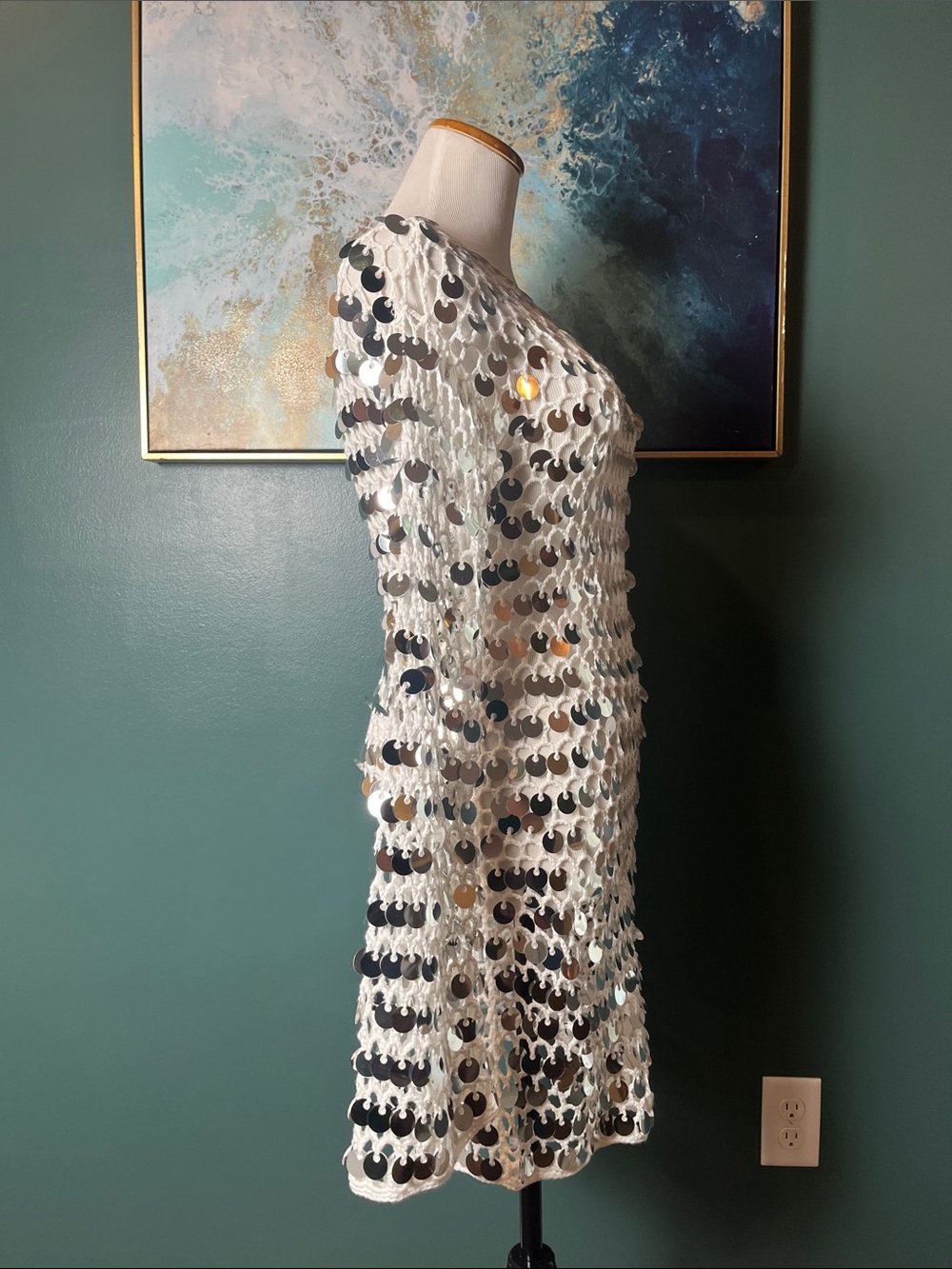 AKIRA Silver White Sequin Crochet Long Sleeve Dress - Picture 5 of 6